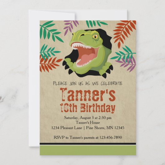 T Rex Dinosaur Birthday Invitations │ Green Kaart (Voorkant)
