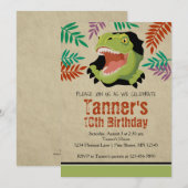 T Rex Dinosaur Birthday Invitations │ Green Kaart (Voorkant / Achterkant)