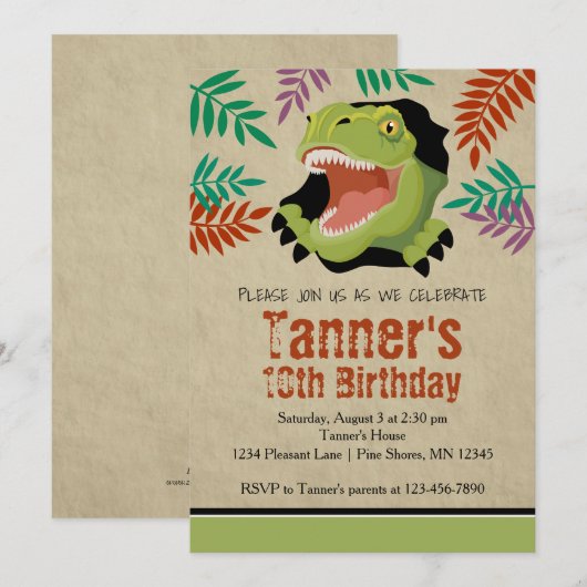 T Rex Dinosaur Birthday Invitations │ Green Kaart (Voorkant / Achterkant)