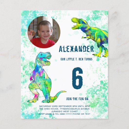T Rex Dinosaur Birthday Party Foto Budget Flyer (Voorkant)