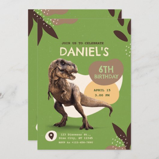 T-Rex Dinosaur Birthday Party Kaart (Voorkant / Achterkant)