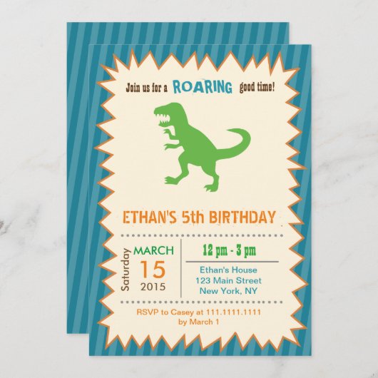 T Rex Dinosaur Birthday Party Kaart (Voorkant / Achterkant)