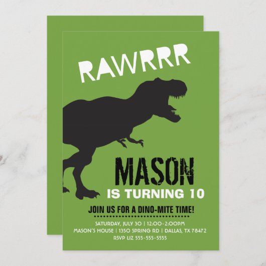 T Rex Dinosaur Birthday Party Kaart (Voorkant / Achterkant)