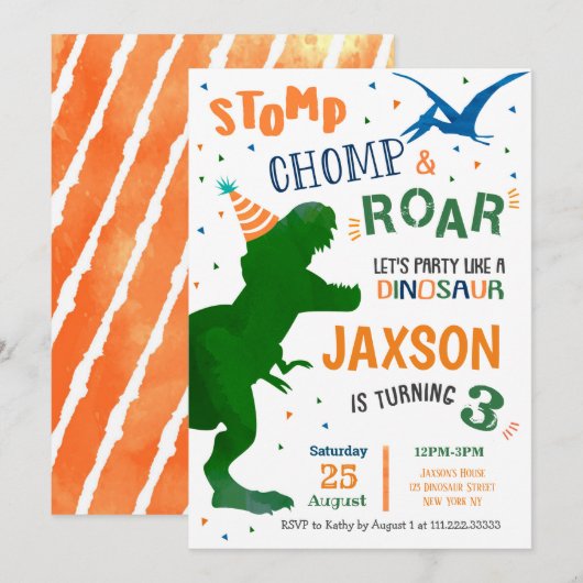 T Rex Dinosaur Birthday Party Kaart (Voorkant / Achterkant)