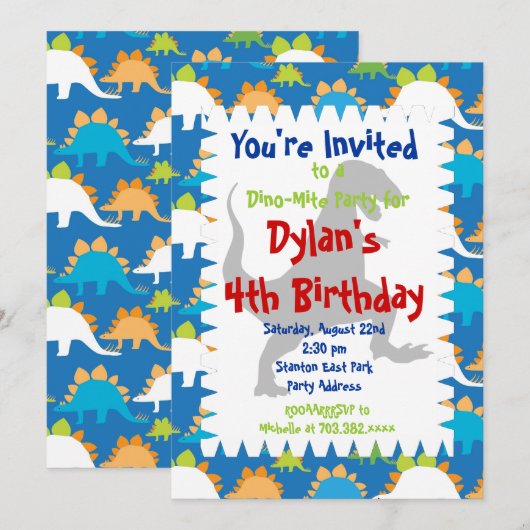 T Rex Dinosaur Birthday Party Kaart (Voorkant / Achterkant)