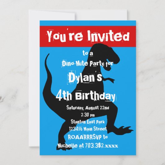 T Rex Dinosaur Blue Red Birthday Party Kaart (Voorkant)