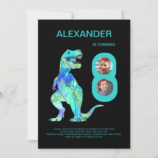 T-Rex Dinosaur Boys 8th Birthday Party Foto Kaart (Voorkant)