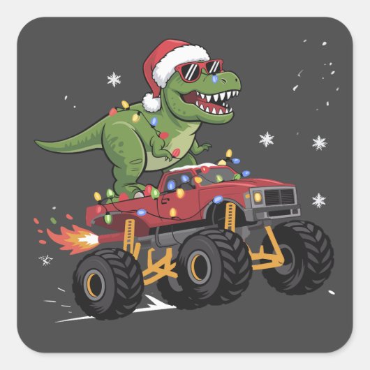 T-Rex Dinosaur Christmas Monster Truck Vierkante Sticker (Voorkant)