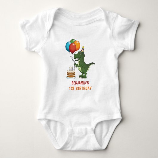 T-rex Dinosaur Colorful Balloons First Birthday Romper (Voorkant)