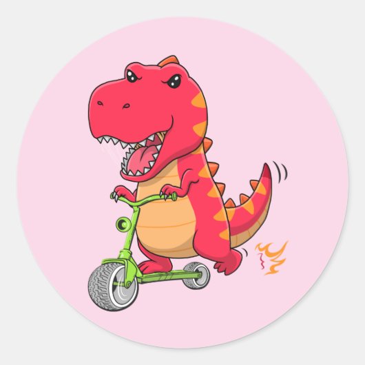 T-rex Dinosaur die een scooter uitstrooit Ronde Sticker (Voorkant)