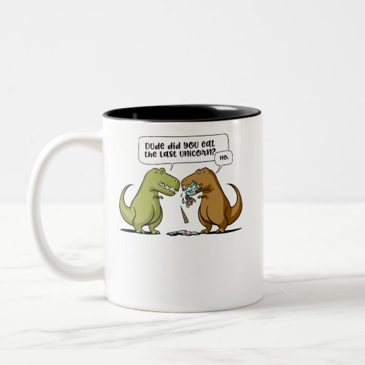 T-Rex Dinosaur. Eet je de laatste Unicorn? Tweekleurige Koffiemok (Links)