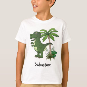 T-Rex-dinosaur en palmboom met de naam van het kin T-shirt