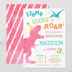 T Rex Dinosaur Girl Birthday Party Kaart