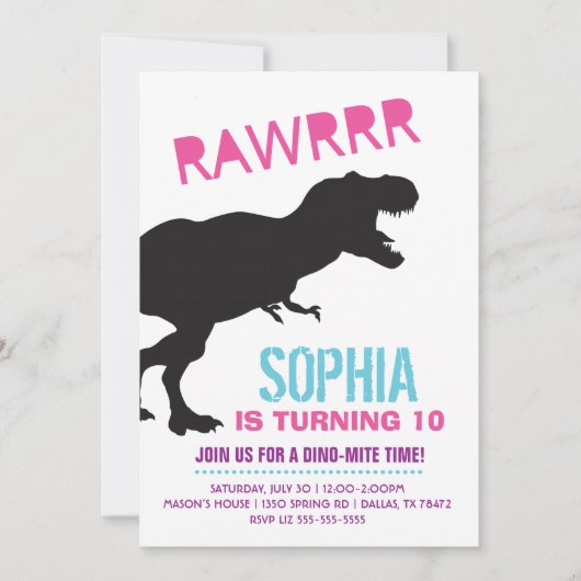 T Rex Dinosaur Girl Birthday Party Kaart (Voorkant)