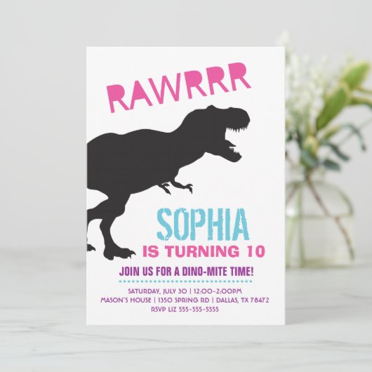 T Rex Dinosaur Girl Birthday Party Kaart (Staand voorkant)