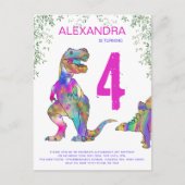T Rex Dinosaur Girls Birthday Party Uitnodiging Briefkaart (Voorkant)