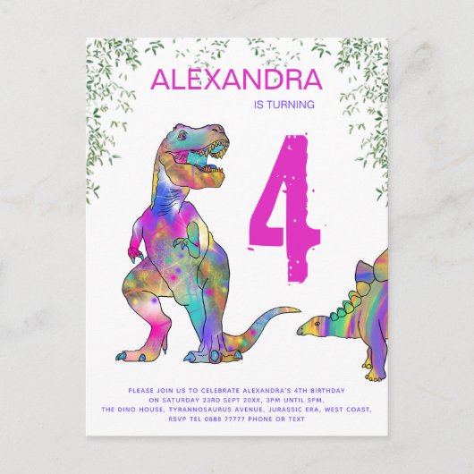 T Rex Dinosaur Girls Birthday Party Uitnodiging Briefkaart (Voorkant)