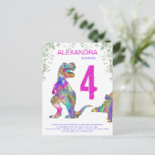 T Rex Dinosaur Girls Birthday Party Uitnodiging Briefkaart (Staand voorkant)