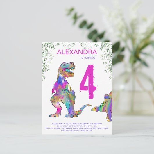 T Rex Dinosaur Girls Birthday Party Uitnodiging Briefkaart (Staand voorkant)