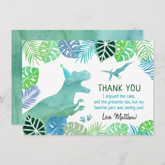 T-Rex Dinosaur Greenery Birthday Bedankkaart (Voorkant / Achterkant)