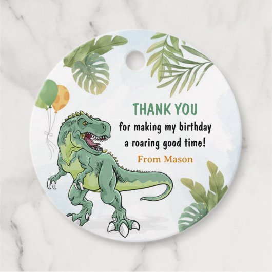 T-Rex Dinosaur Greenery Birthday Dank u Bedankjes Labels (Voorkant)