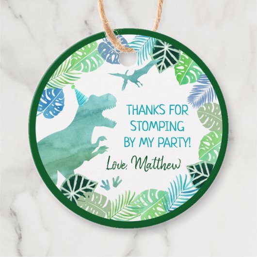 T-Rex Dinosaur Greenery Birthday Dank u Bedankjes Labels (Voorkant)