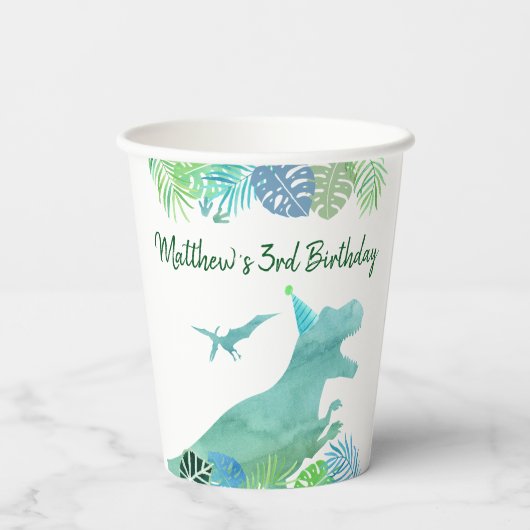 T-Rex Dinosaur Greenery Birthday Papieren Bekers (Achterkant)