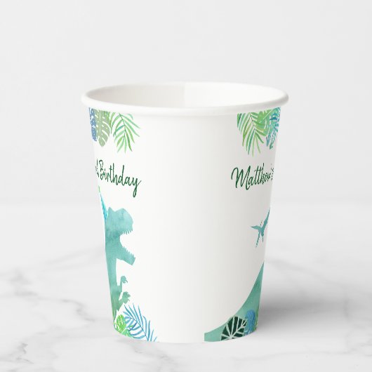 T-Rex Dinosaur Greenery Birthday Papieren Bekers (Links)