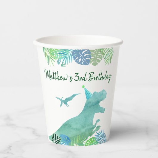 T-Rex Dinosaur Greenery Birthday Papieren Bekers (Voorkant)