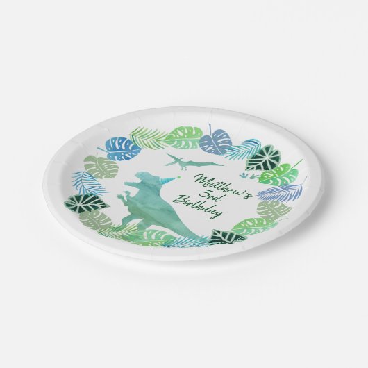 T-Rex Dinosaur Greenery Birthday Papieren Bordje (Gekanteld)