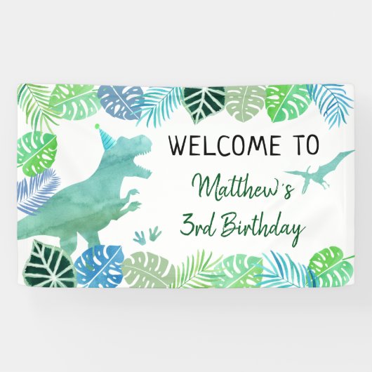 T-Rex Dinosaur Greenery Birthday Spandoek (Horizontaal)