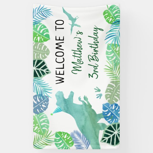 T-Rex Dinosaur Greenery Birthday Spandoek (Verticaal)