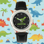 T rex dinosaur horloge gepersonaliseerd met kinder<br><div class="desc">Groene trexdinosaurushorloge gepersonaliseerd met kinder naam of monogram letter. Cute prehistorische t rex timekeeper klok design voor kleine jongens verjaardagsfeest. Maak er een voor zoon,  kleinzoon,  nieuwe baby,  kleinkind enz. Wilde Prehistorische T-rex dierlijke cartoon illustratie voor kinderen. Tyrannosaurus rex.</div>