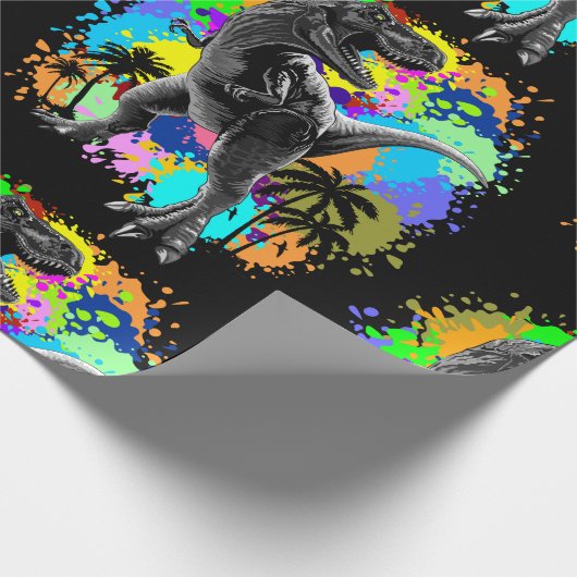 T-Rex Dinosaur Jurassic Reptile on Paint Stains Cadeaupapier (Hoek)