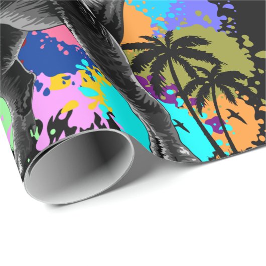 T-Rex Dinosaur Jurassic Reptile on Paint Stains Cadeaupapier (Rol Hoek)