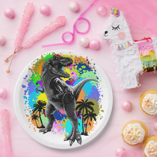 T-Rex Dinosaur Jurassic Reptile on Paint Stains Papieren Bordje (Feest)