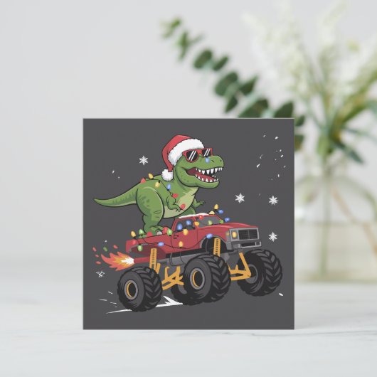 T-Rex Dinosaur Kerst Monster Truck  Feestdagenkaart (Staand voorkant)