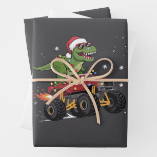 T-Rex Dinosaur Kerst Monster Truck  Inpakpapier Vel
