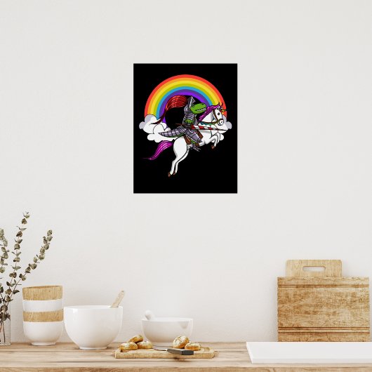 T-Rex Dinosaur Knight Riding Unicorn Rainbow Poster (Keuken)