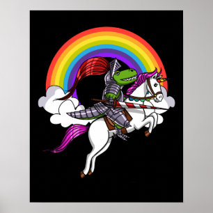 T-Rex Dinosaur Knight Riding Unicorn Rainbow Poster