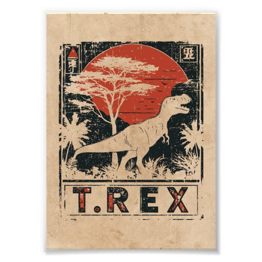 T-Rex Dinosaur Kunst | Wabi Sabi Red Sun Foto Afdruk (Voorkant)