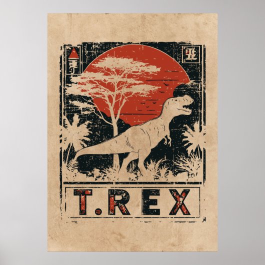 T-Rex Dinosaur Kunst | Wabi Sabi Red Sun Poster (Voorkant)