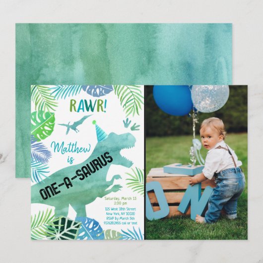 T Rex Dinosaur One-a-saurus First Birthday Kaart (Voorkant / Achterkant)