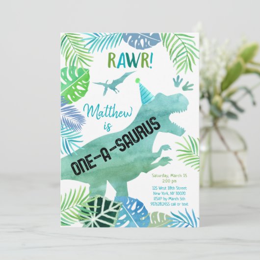 T Rex Dinosaur One-a-saurus First Birthday Kaart (Staand voorkant)