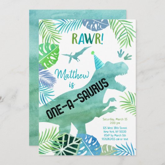 T Rex Dinosaur One-a-saurus First Birthday Kaart (Voorkant / Achterkant)