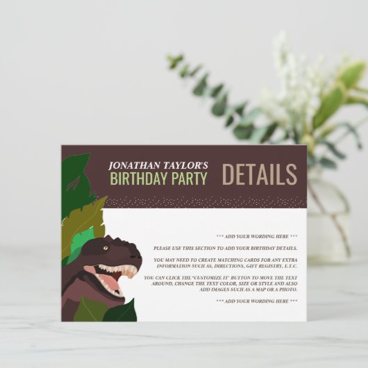 T Rex Dinosaur Party Children's Birthday Detail Kaart (Staand voorkant)