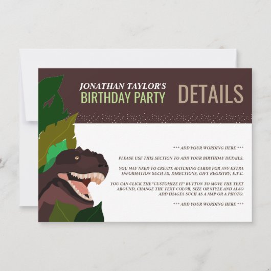 T Rex Dinosaur Party Children's Birthday Detail Kaart (Voorkant)