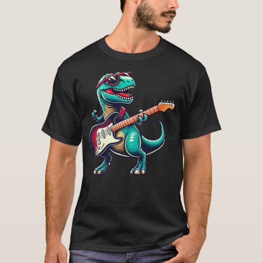T-Rex Dinosaur Playing Guitar Musician Music T-shirt (Voorkant)