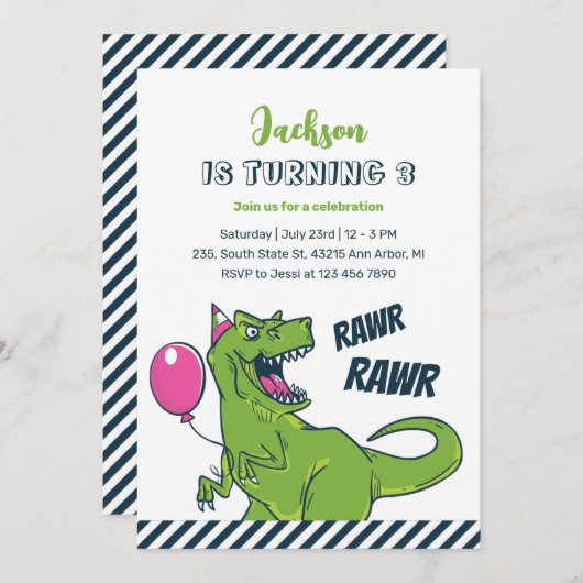 T-Rex Dinosaur Rawr Party Kinderen van Birthday Kaart (Voorkant / Achterkant)