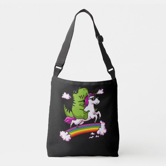 T-Rex Dinosaur Riding Magical Unicorn Rainbow Crossbody Tas (Voorkant)